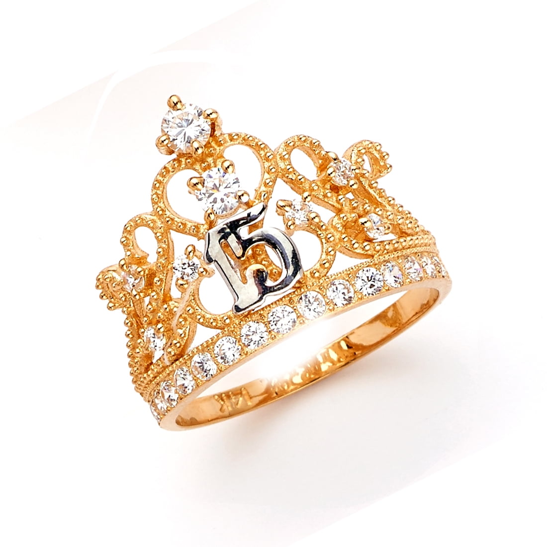 14K Yellow Solid Gold Cubic Zirconia CZ 15 Years Quinceanera Birthday Crown Ring size 5
