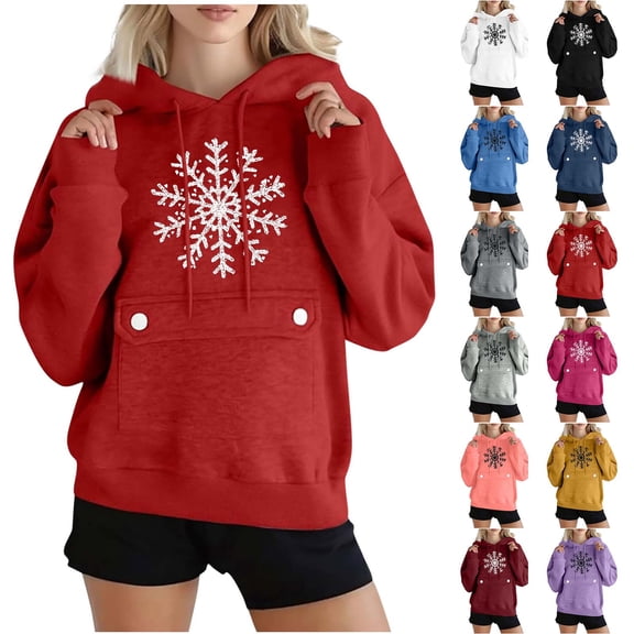 Maplenight Fleece Christmas Hoodies for Women Snowflake Graphic Long Sleeve Hooded Sweatshirt Drawstring Relaxed Fit Casual Womens Tops for Fall Winter