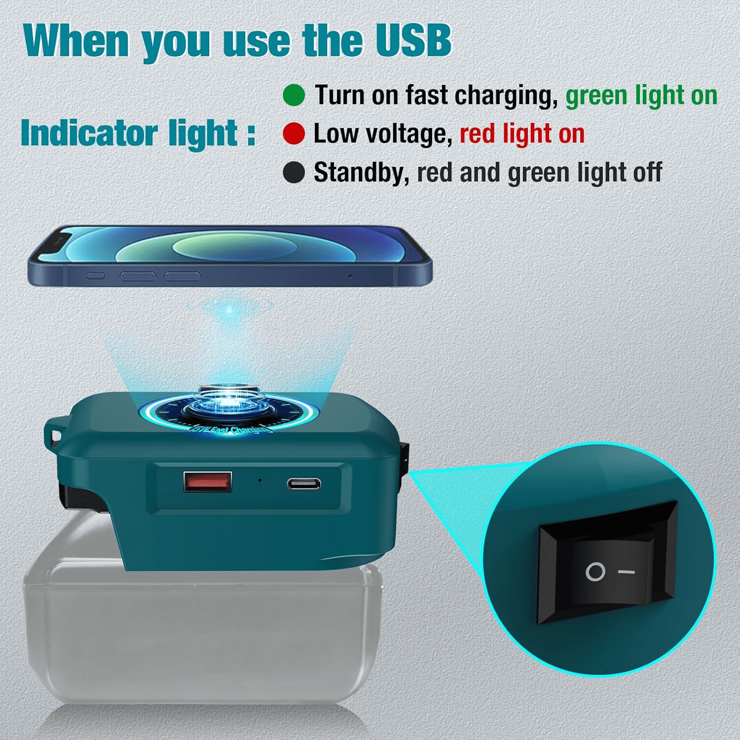Wireless Phone Charger For Hitachi 18V Li-ion Battery Phone Charger with USB Port and TYPE C Port