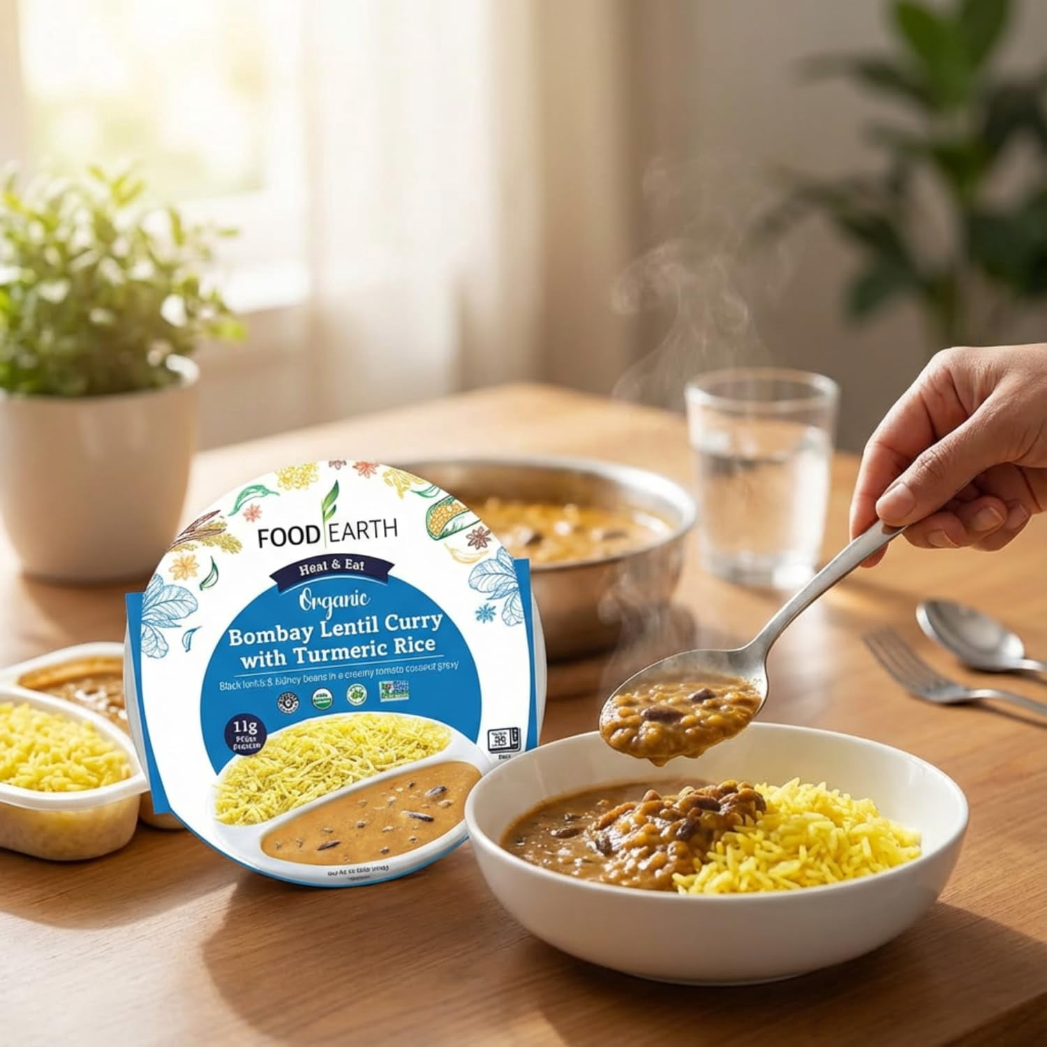Food Earth -Organic Bombay Lentil Curry with Turmeric Rice Ready to Eat Indian Meal , 100% Organic, Vegan, Gluten-Free, Heat & Serve,10.58 oz, 6 units Shelf Stable