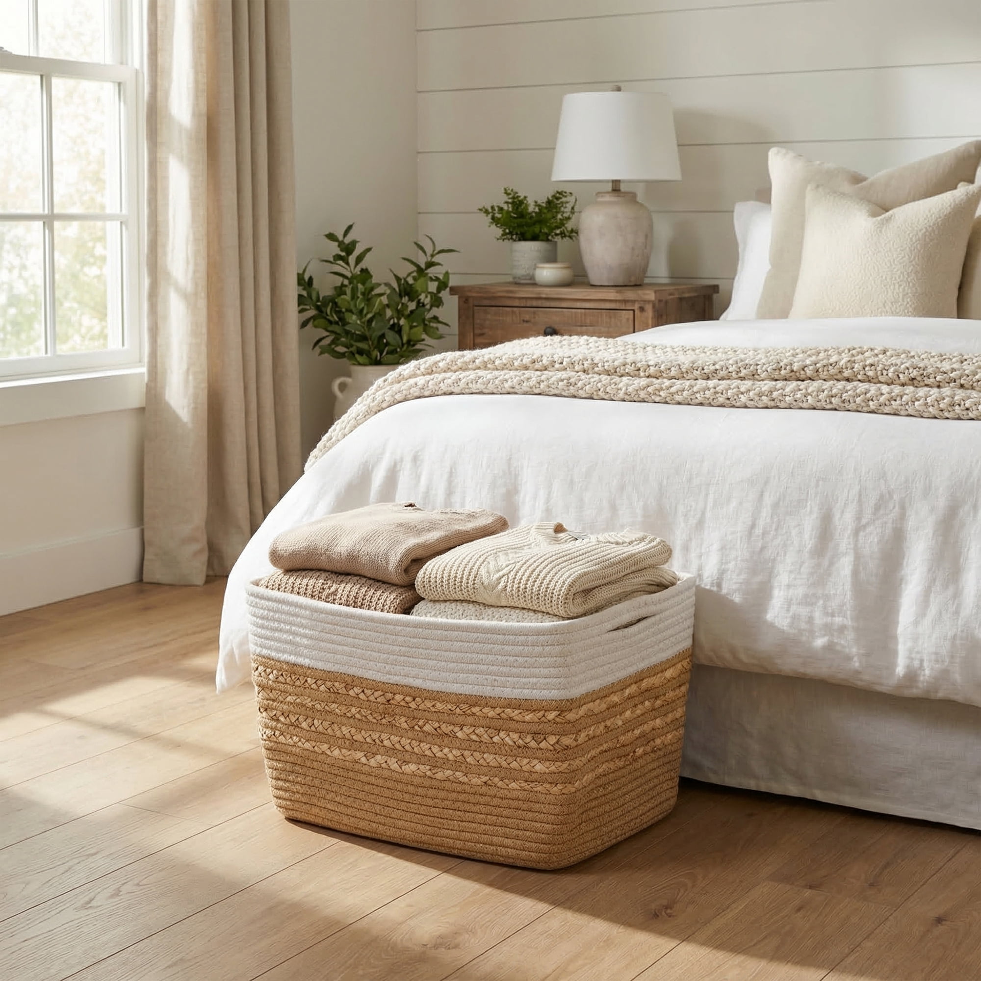 Unique Bargains Woven Storage Basket Storage Bin White Brown 15*9.8*9.1in