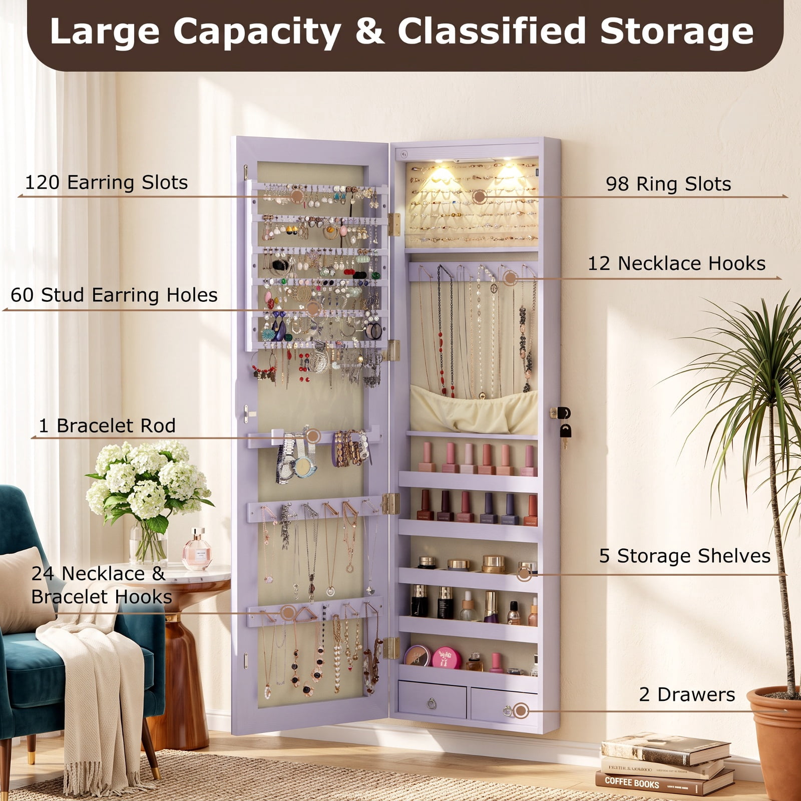 Furnibear Wall and Door Mounted Mirrored Jewelry Cabinet with Lights for Bedroom Dressing Room Jewelry Necklace Rings Storage Mirror, Purple