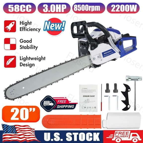 Floseru Gas Chainsaws 20 Inch 58CC Gas Powered Chainsaw 3HP 2 Stroke Engine Gas Power Chain Saw for Cutting Wood Outdoor Garden Farm Home