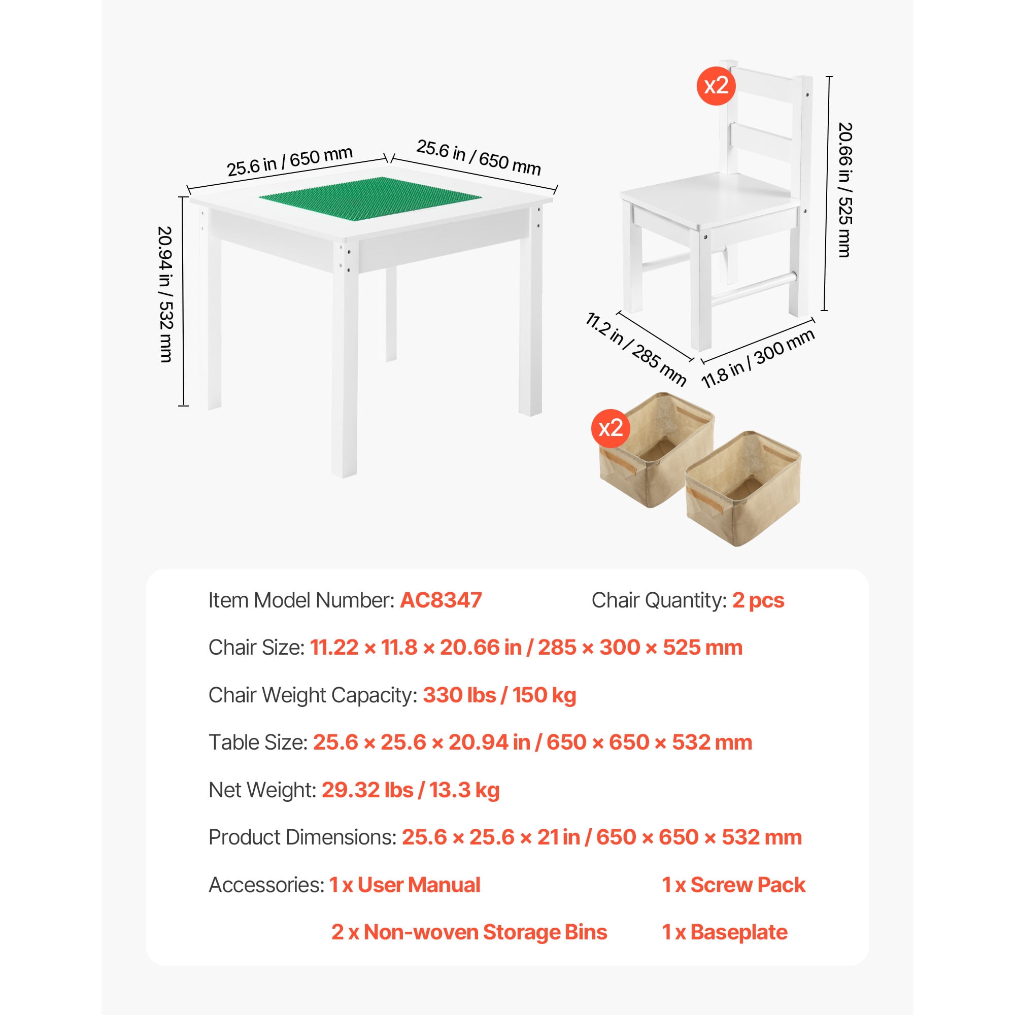 KFFKFF Kids Activity Table and 2 Chairs Set, Double-Sided Building Block Tabletop, Toddler Table and Chair Set with Storage Compartments for Ages 3+, Spacious Design, Gift for Boys and Girls, White