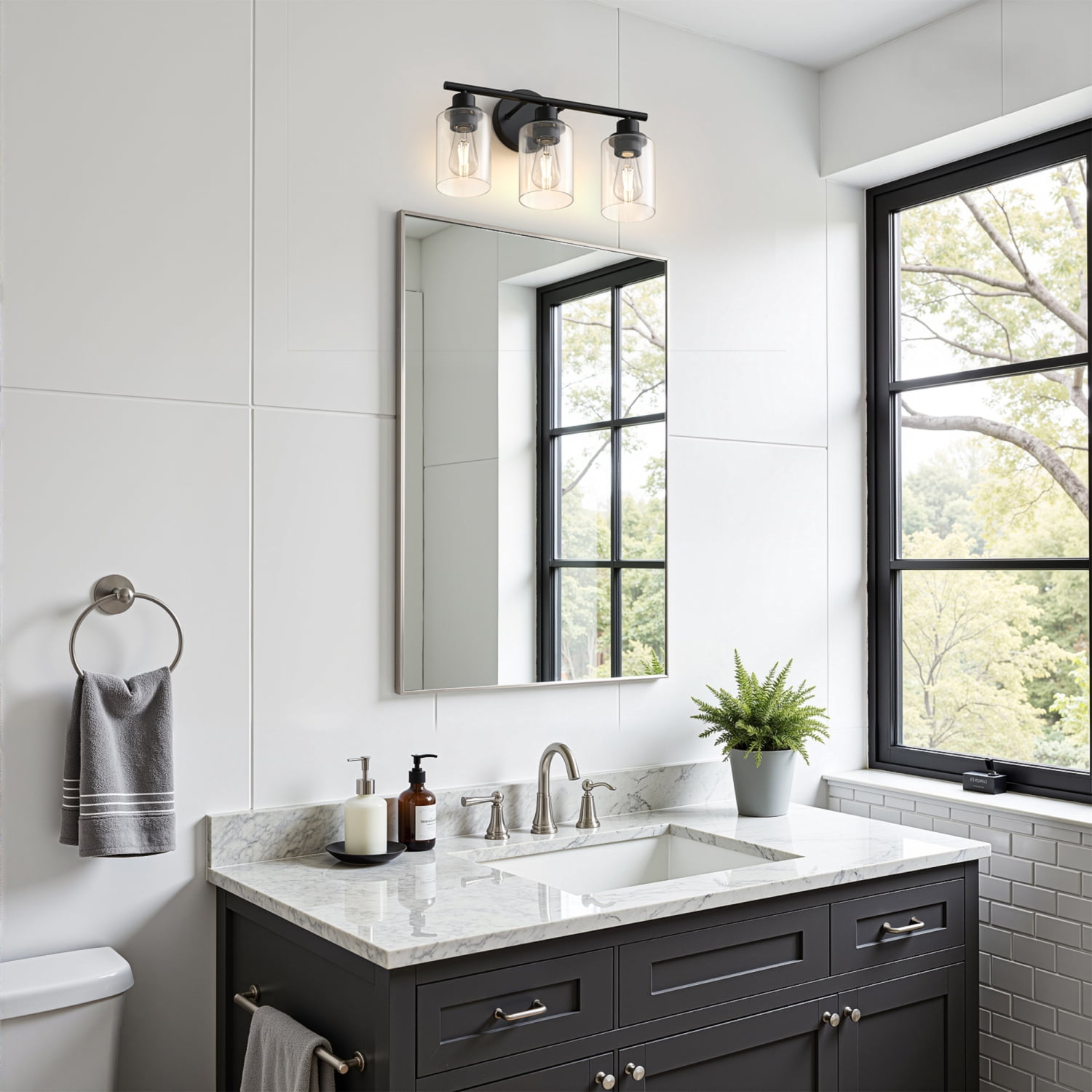 YANSUN 17 in Matte Black 3-Light Industrial Vanity Light with Clear Glass Shades for Bathroom Hallway Living Room  E26 Base (Bulbs Not Included)