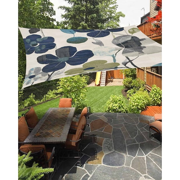 Outdoor Sun Shade Sail 8'x10', Navy Blue Green Floral Patio Beach Shade Canopy Cloth Waterproof, Vintage Botanical Leaves TearResistant & UV Protection Sun Sail for Backyard Garden Deck