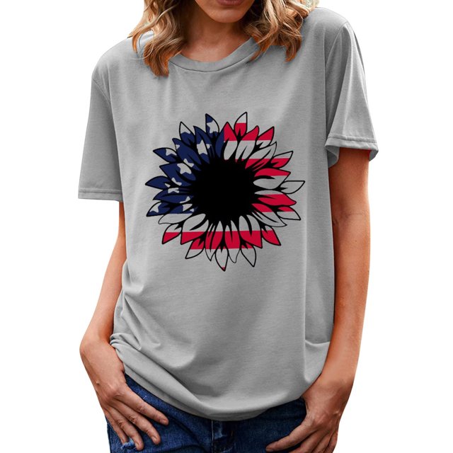 Hauts d'Été pour Femmes Grande Taille en Liquidation, Hauts d'Été pour Femmes, Imprimé de la Fête de l'Indépendance, Manches Courtes, Col Rond, Coupe Ample Décontractée, T-Shirts Graphiques, Col en V, T-Shirt pour Femmes en Liquidation