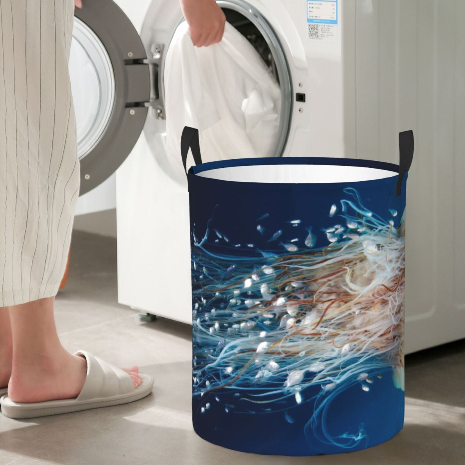 Large Laundry Basket with Handles - Ocean White Jellyfish Dansing Kids Baby Dirty Clothes Laundry Hamper for Bedroom Aesthetic