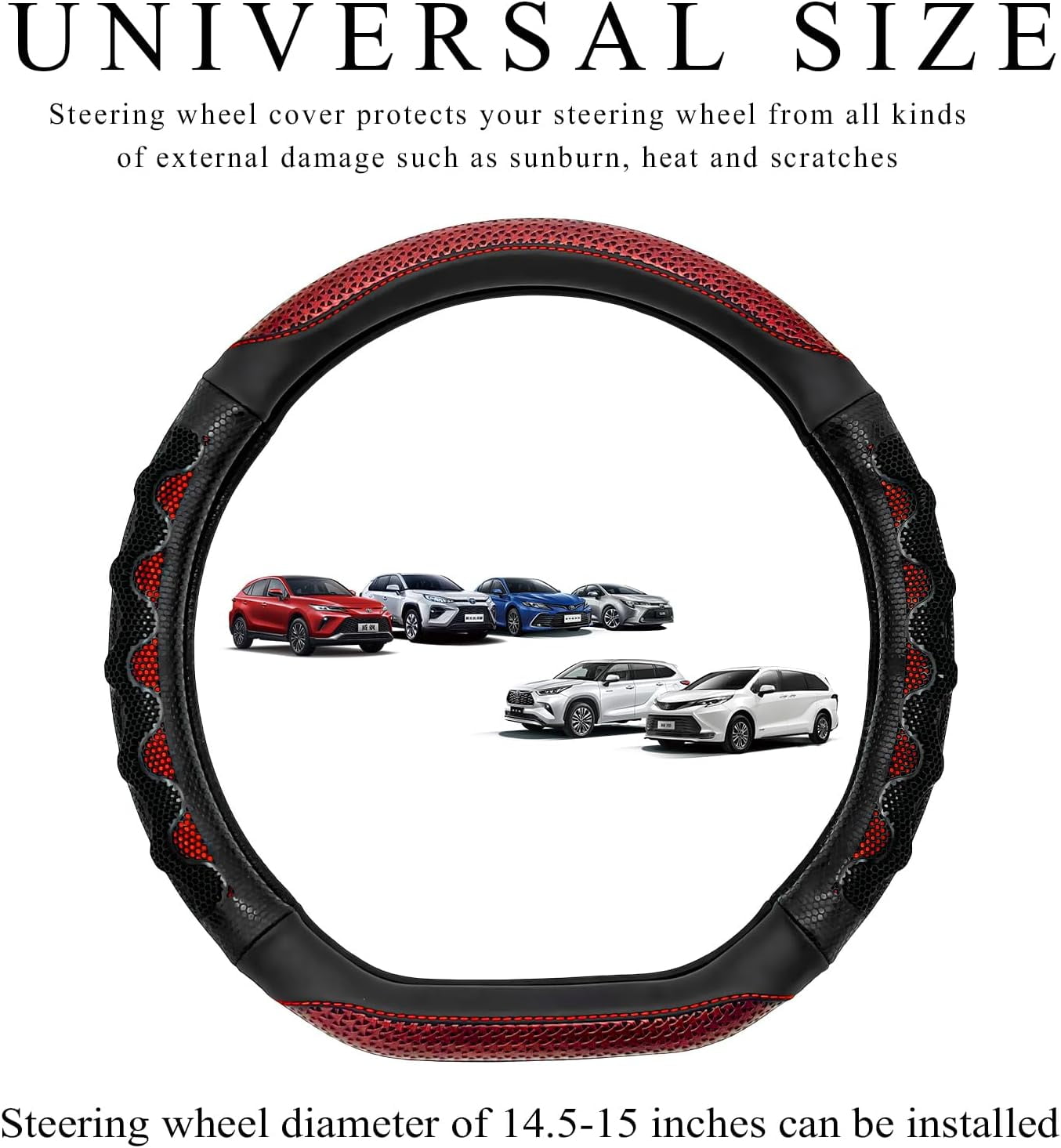 Car Steering Wheel Cover, 15 Inch Anti-Slip Steering Wheel Cover Protector with 3D Honeycomb Design, Universal Steering Wheel Covers for Truck SUV, Car Accessories (Red, Round Shape)