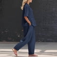 thumbnail image 4 of yardsong Women Linen Two Piece Summer Sets Half Sleeve Wrap V Neck Button Down Shirts Summer Wide Leg Linen Pant Lounge Outfits Navy,XL, 4 of 9