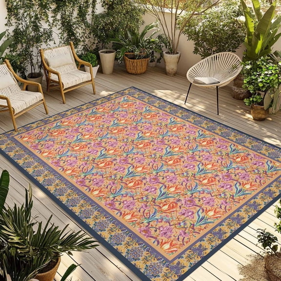 Purple Red Floral Boho Outdoor Rug for Patio/Deck/Porch, Non-Slip Large Area Rug 3 x 5 Ft, Vintage Ethnic Tribe Abstract Art Indoor Outdoor Rugs Washable Area Rugs, Camping Rug Carpet Runner