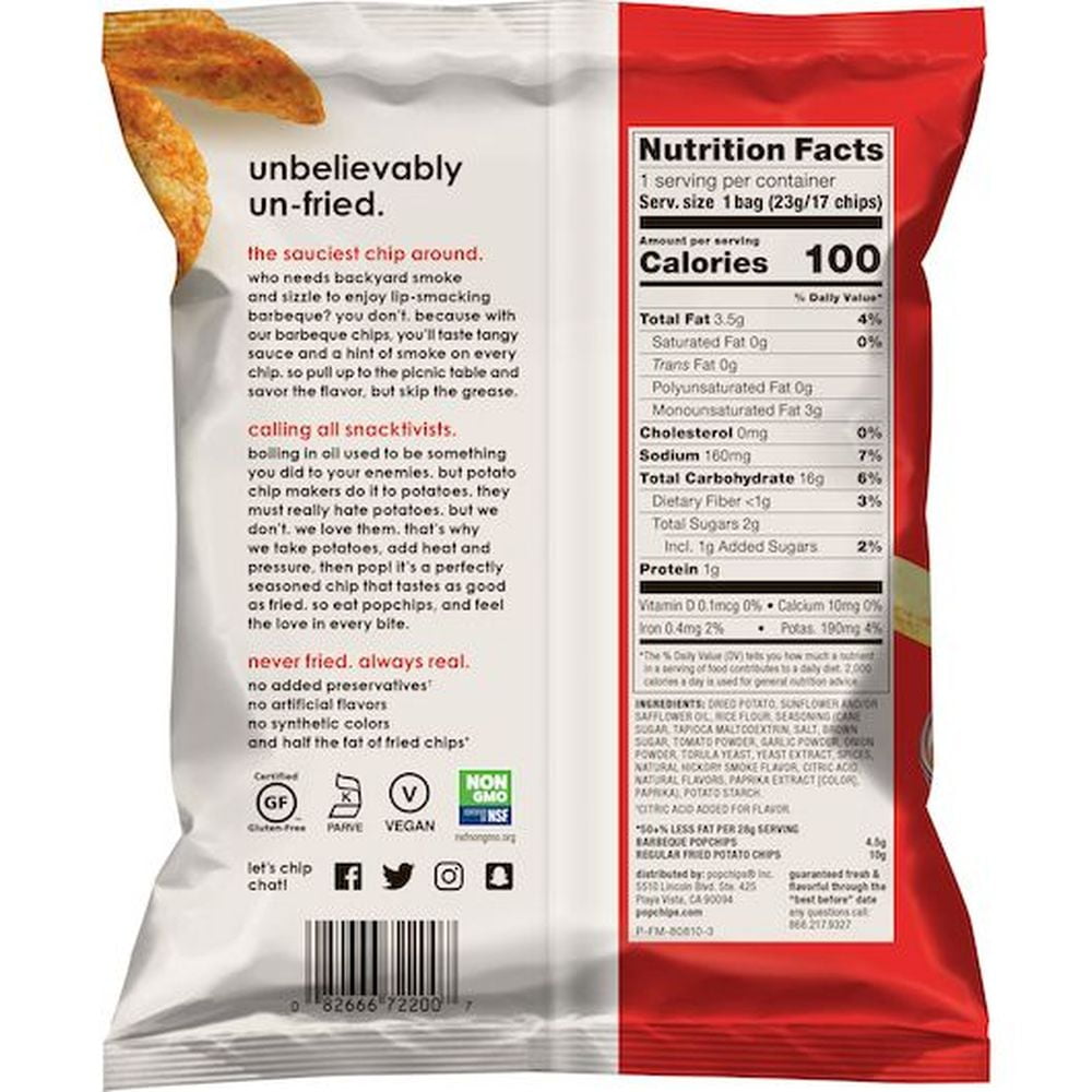 Popchips BBQ Popped Potato Chips, 0.8 Ounce -- 24 per Case.