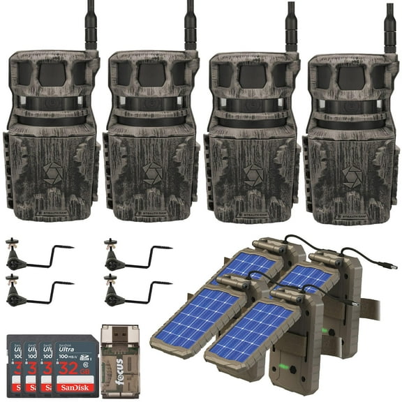 Stealth Cam Revolver 40MP Pro 360-Degree Cellular Trail Camera (4-Pack) Bundle with Solar Power Panel(4-Pack), Trail Camera Holder (4-Pack), 32GB Memory Card (4-Pack), and Card Reader (17 Items)