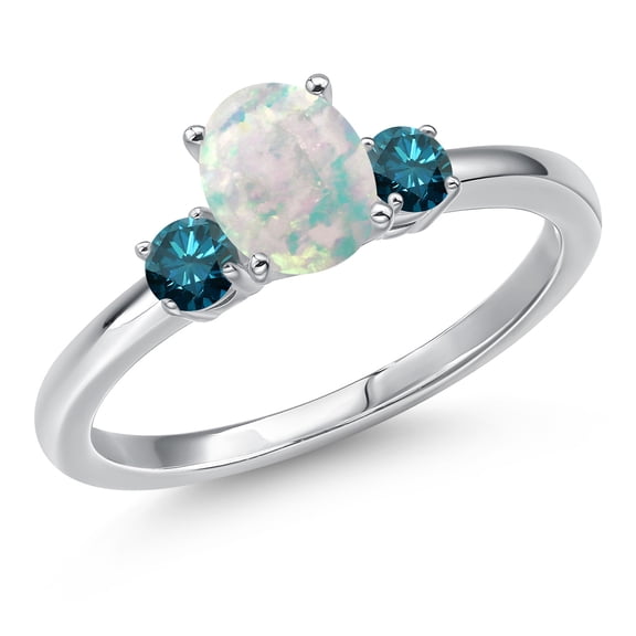 Gem Stone King 14K White Gold Simulated White Opal and Blue Diamond Engagement Ring for Women | 1.20 Cttw | Oval Cabochon 7X5MM | Gemstone October Birthstone | Size 5