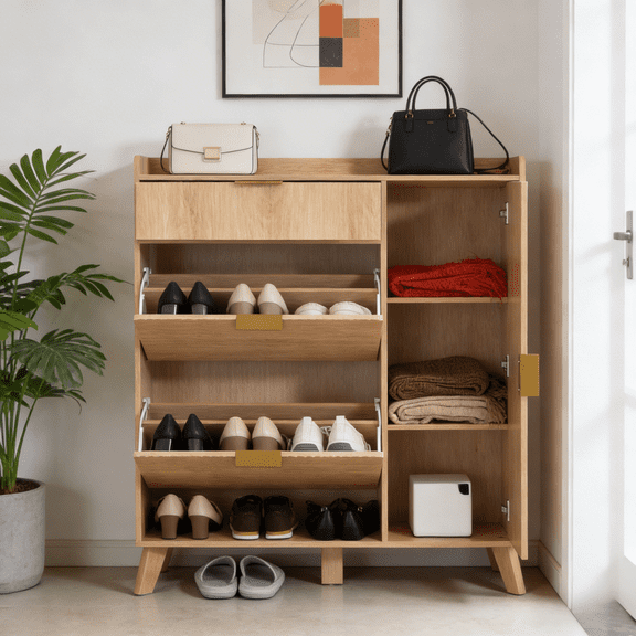 Gewnee Shoe Storage Cabinet with 2 Flip-Down Drawers,Side Cabinet & Mirror Door,Adjustable Rack,Slim Design for Entryway,Foyer,Living Room