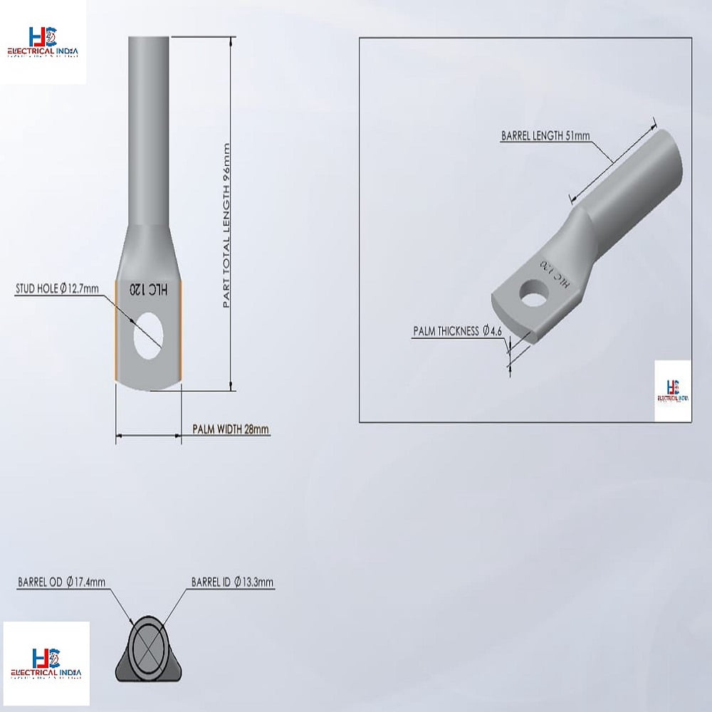 HLC Aluminum Lug | 120 mm² Wire Connector | Stud Hole | Heavy Duty Electrical Cable Lug | Crimp Type pack of 6