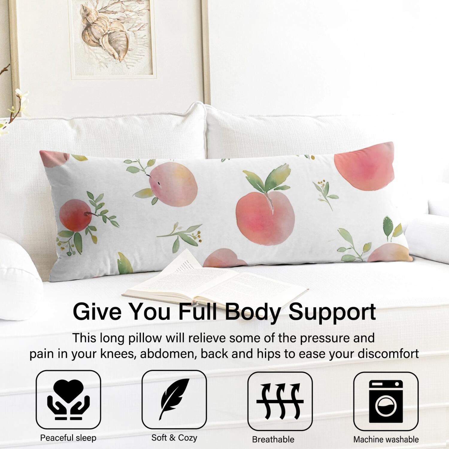 20x54 Peach Body Pillow Cover with Invisible Zipper - Soft Kawaii Fruit Print Full Body Pillow Case for Sleeping, Maternity, Office - Breathable Pink Peach Pattern Design