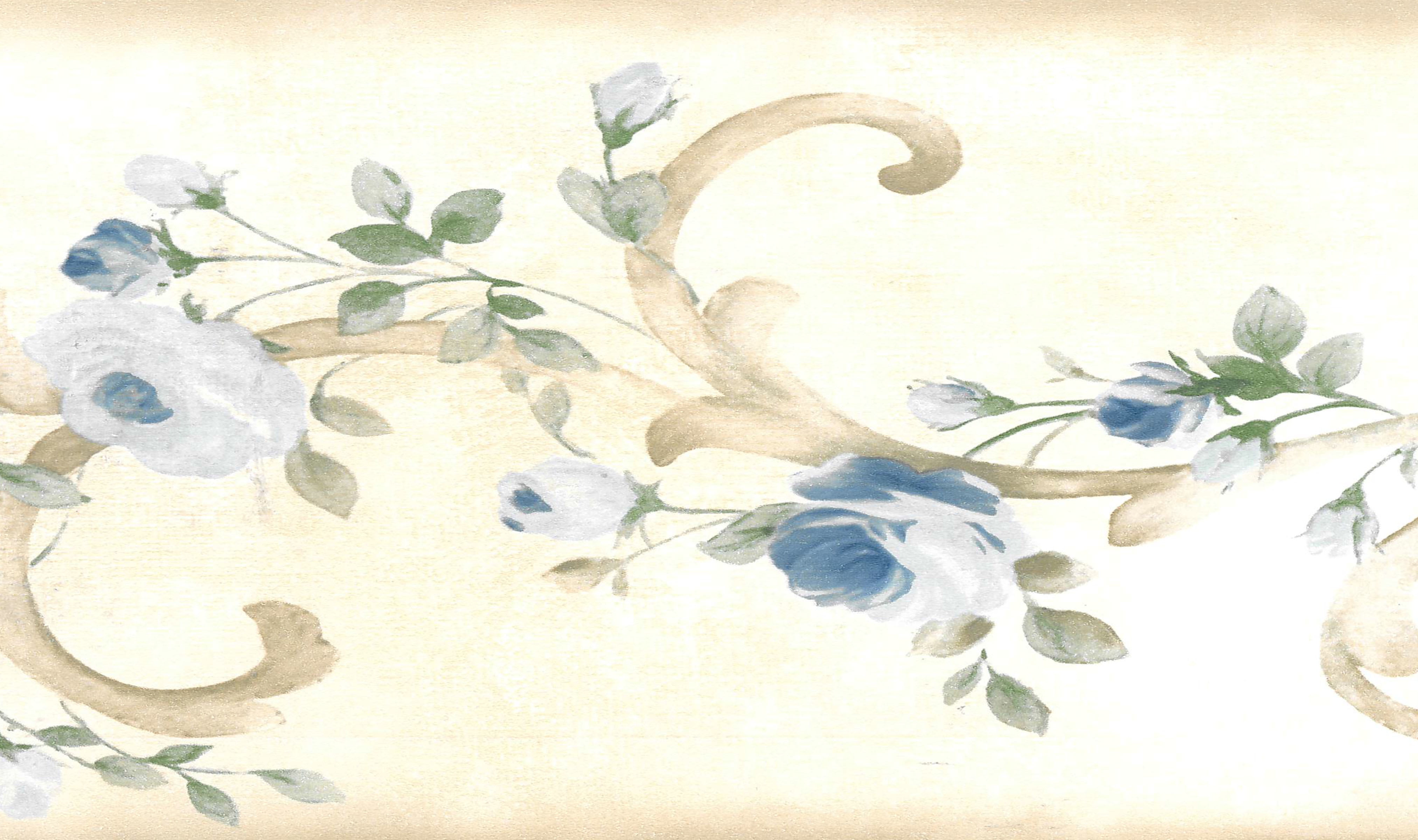 Prepasted Wallpaper Border Floral Beige, Green, Blue Bloomed Roses on