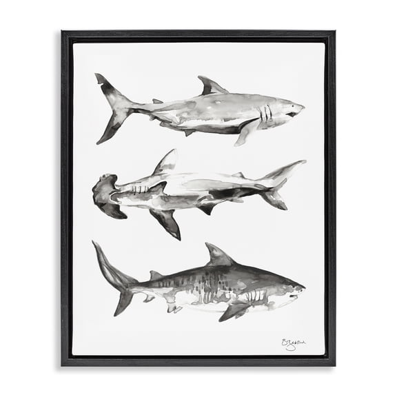 Stupell Industries Tropical Nautical Shark Trio Black Floating Frame Canvas Art, 17 x 21, by Two If By Sea Studios