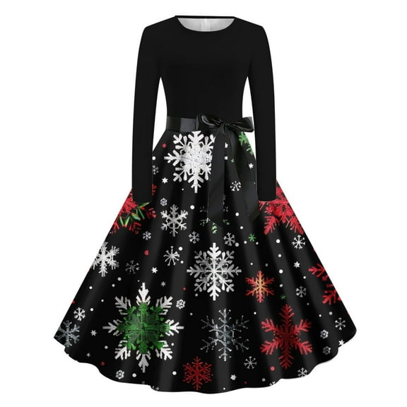 Lorytime Christmas Midi a Line Dresses for Women Snowflakes Crew Neck Elegant Dress Long Sleeve Party Dresses with Belt