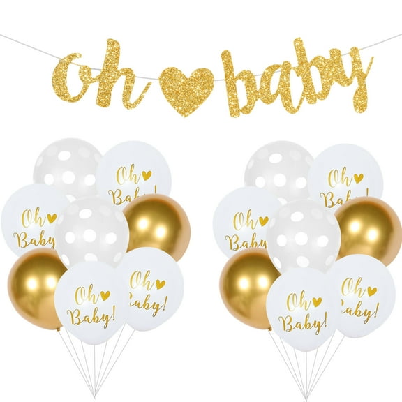 Oh Baby Gold Glitter Banner Baby Shower Party Decorations, Metallic Gold Oh Baby Print Balloon Set, for Kids Birthday Gender Reveal Baby Shower Party Decorations Supplies