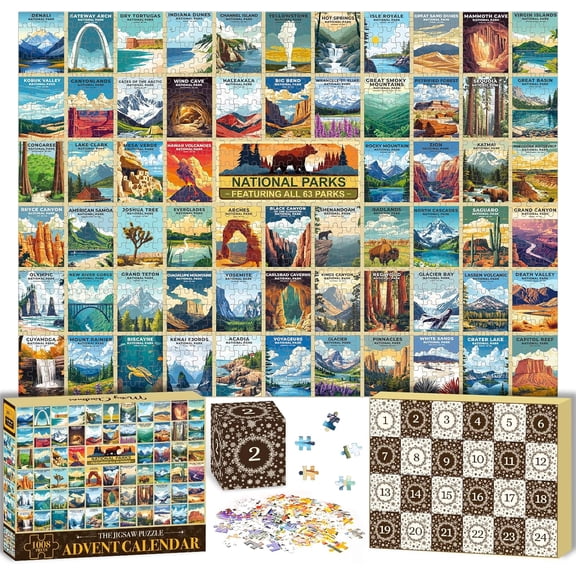 National Park Puzzle Advent Calendar Adults Teen, 1008 Pieces Countdown to Christmas Calendar with 63 Travel Poster Landscape Jigsaw Puzzle Xmas Gifts for Family Friends