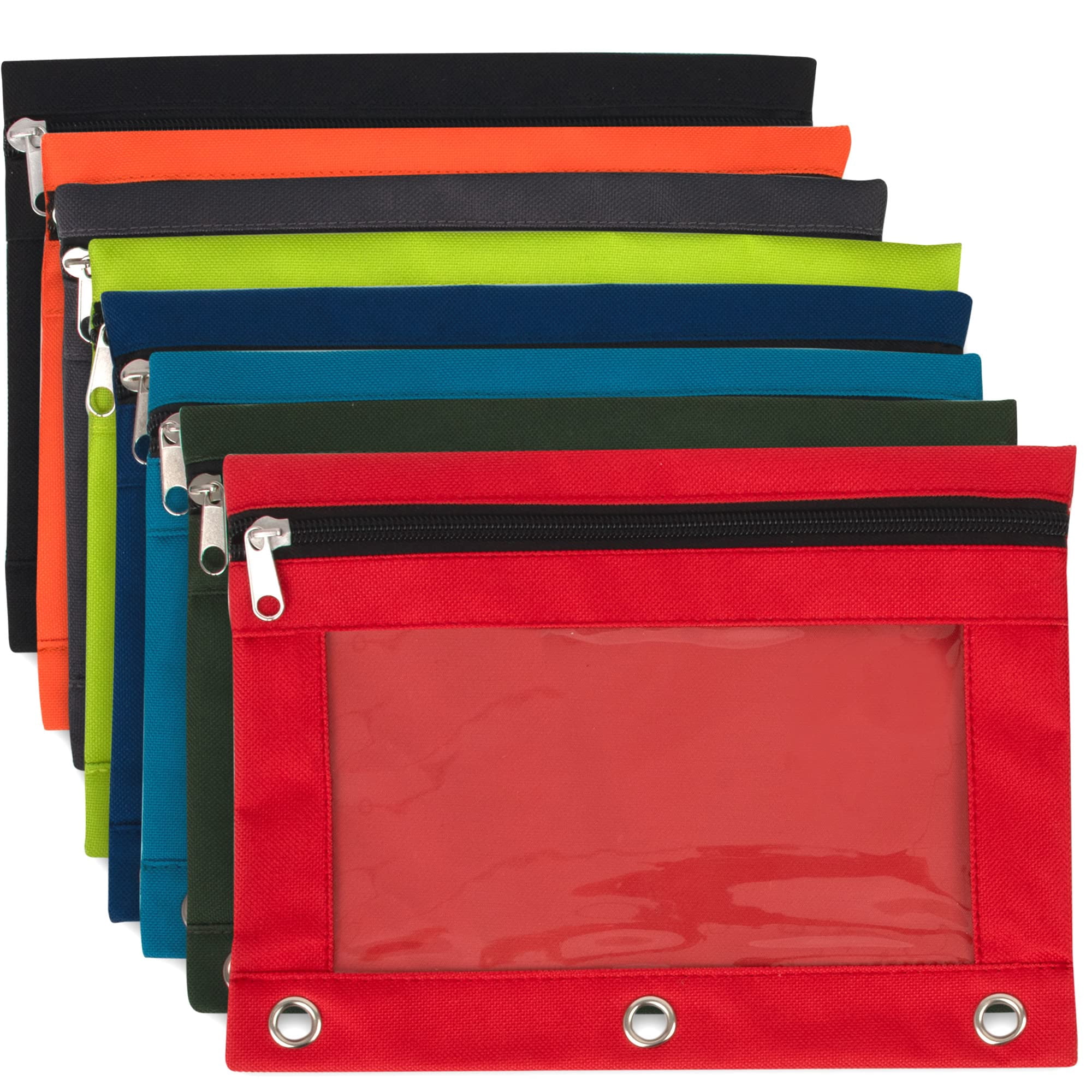 100 Pack of Bulk Wholesale 3 Ring Binder Clear Window Zippered Pencil Cases for Pens, Pencils, Markers, Scissors, Sharpeners, Erasers & More in 8 Assorted Colors