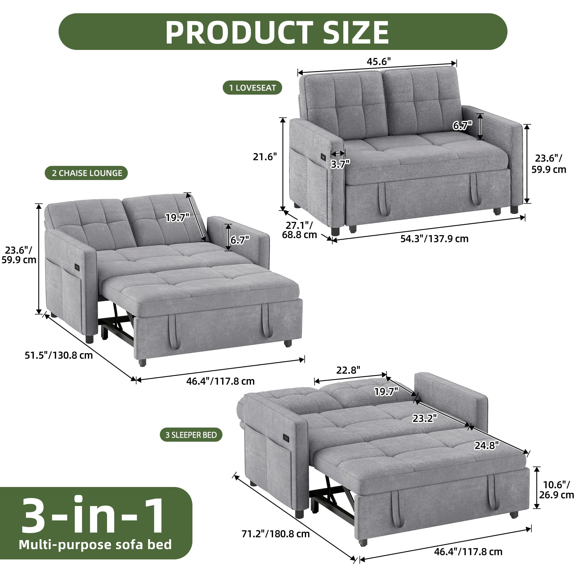 Uforic 3-in-1 Convertible Futon Sofa Bed, Modern Couch Cat-Scratch-Proof Loveseat Sleeper for Small Place, Gray