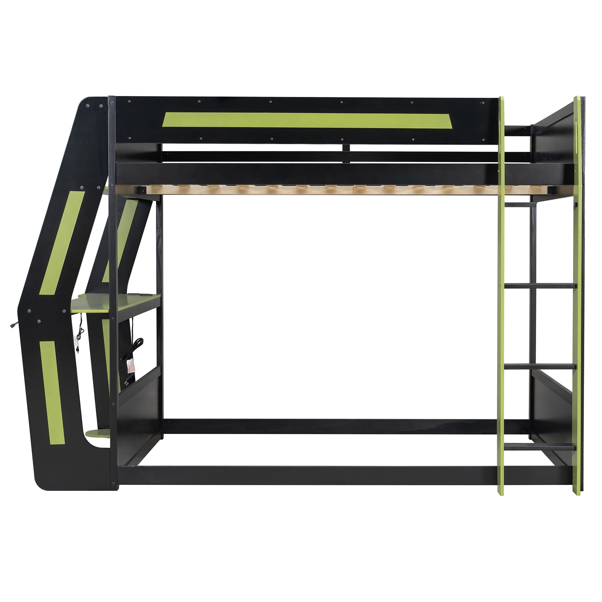 Aukfa Full Over Full Gaming Bunk Bed with Desk, USB Charging Station & LED Lights, Heavy-Duty Wood Esports Loft Bed Frame, Green