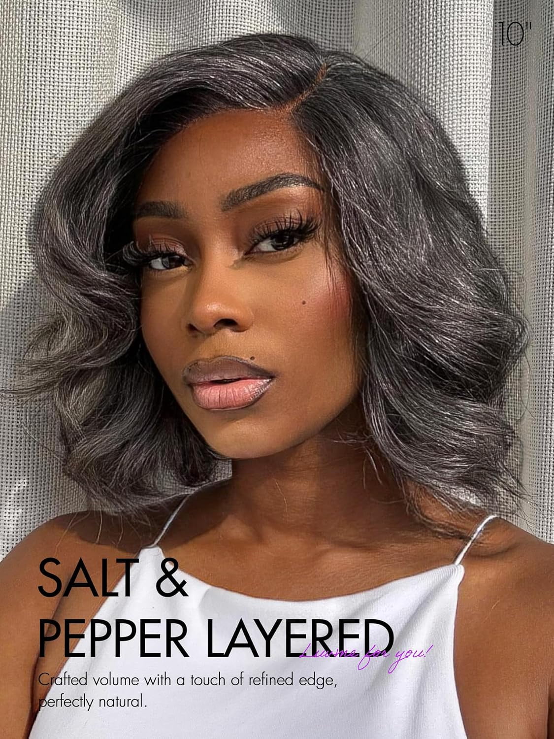 LUVME 10" Hair Salt & Pepper Layered Bob Glueless Lace Wig Gray for Women Short Grey Bob Wigs Pre Plucked