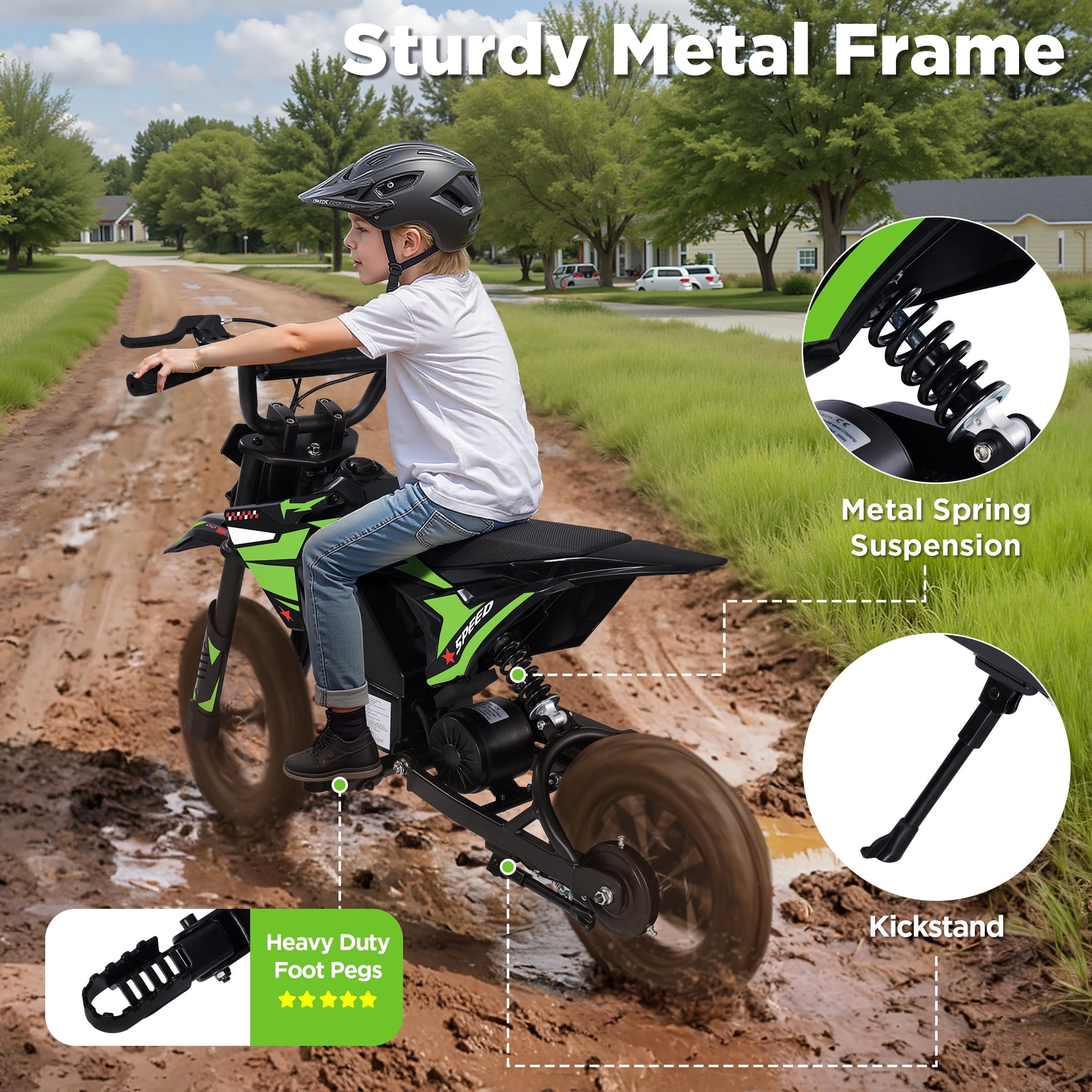 Hijoke 36V Kids Electric Dirt Bike, 15.5 MPH High-Speed Electric Motorcycle Ride on Toy for Kids Aged 3-10, 133 LBS Max Load, 10-Mile Range, Waterproof Seat, Twist Grip Throttle, Green