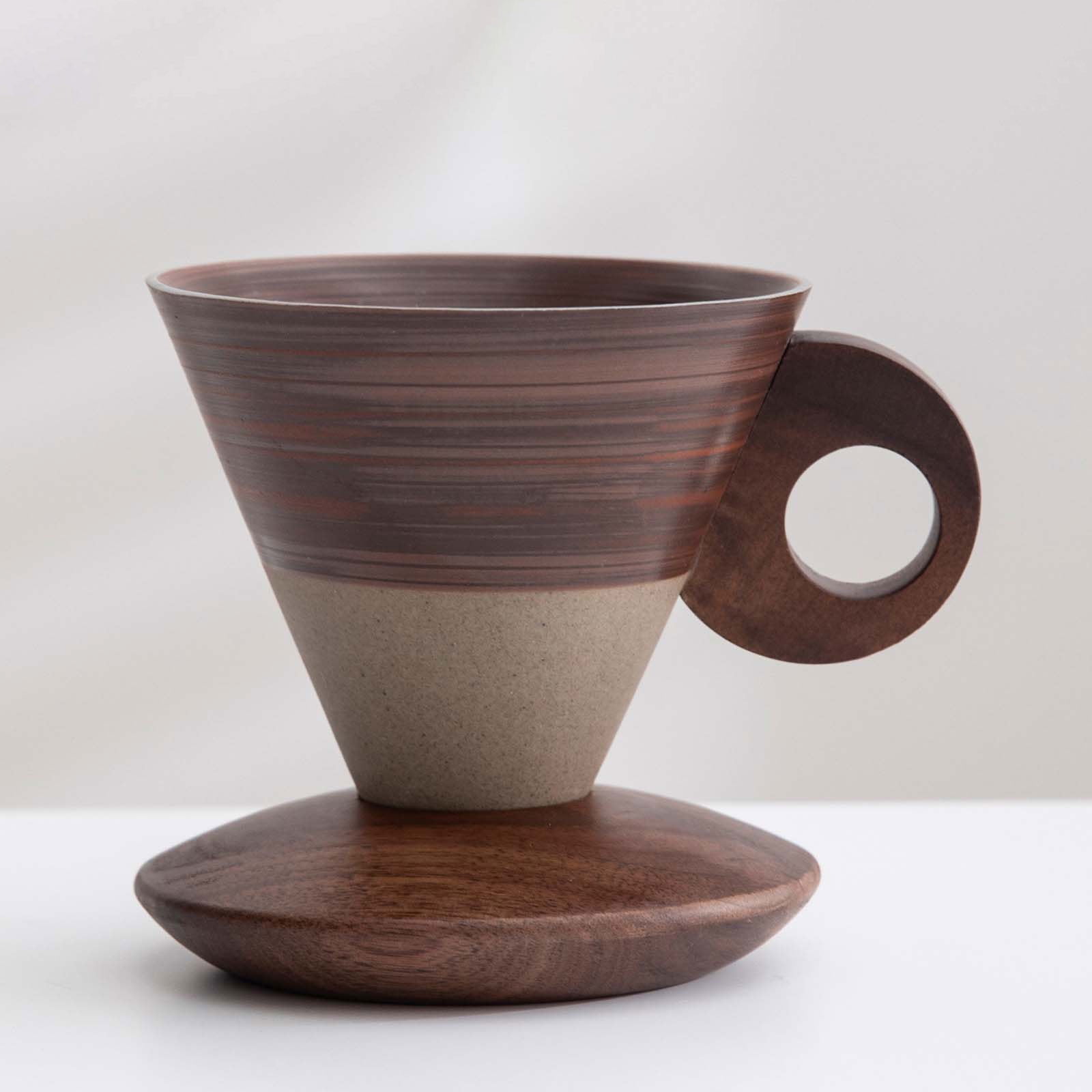 Elegant Conical Ceramic Coffee Cup with Solid Wood Base, Vintage Coarse Pottery Funnel-Shaped Mug for Home, Handcrafted Heat-Resistant Tea Coffee Cup, Pour-Over Espresso Brewing Mug, 200ml