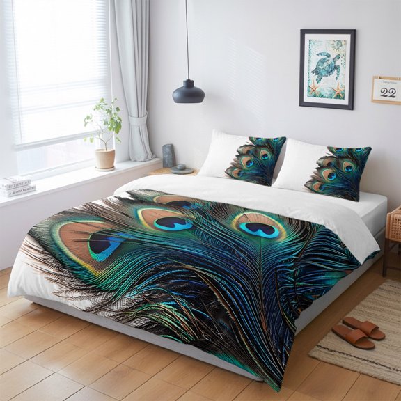 Duvet Cover King Size 3 Piece Bedding Set, Elegant Peacock Tail Feathers Soft Breathable Comforter Cover with 2 Pillow Shams, Vintage Blue Black Eye Luxury Duvet Covers with Zipper Closure