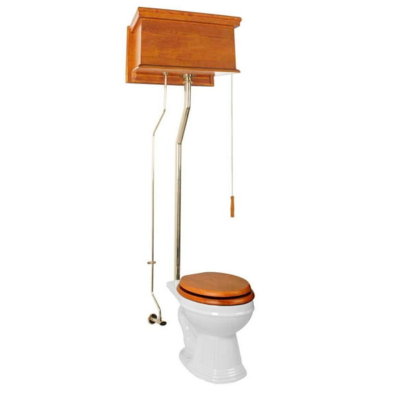 High Tank Pull Chain Two-Piece Toilet Light Mahogany Finish Wood Flat Tank White Round Bowl 70" Renovators Supply