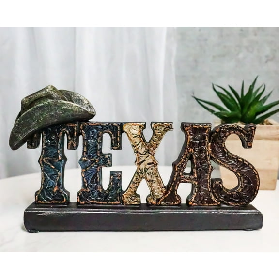 Rustic Western Tooled Leather Texas Word Cowboy Hat Desktop Plaque Figurine