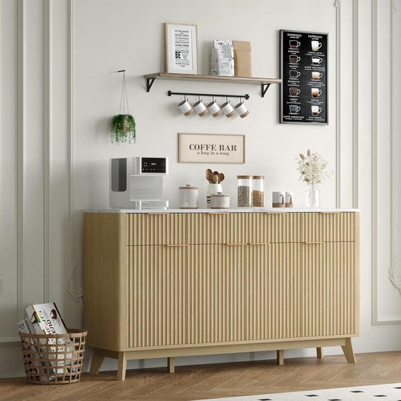 60" Large Fluted Buffet Sideboard Cabinet with Drawers, Modern Farmhouse Buffet Storage Cabinet with Adjustable Shelves and Doors, Wood Coffee Bar Station Kitchen Console Table for Dining Room