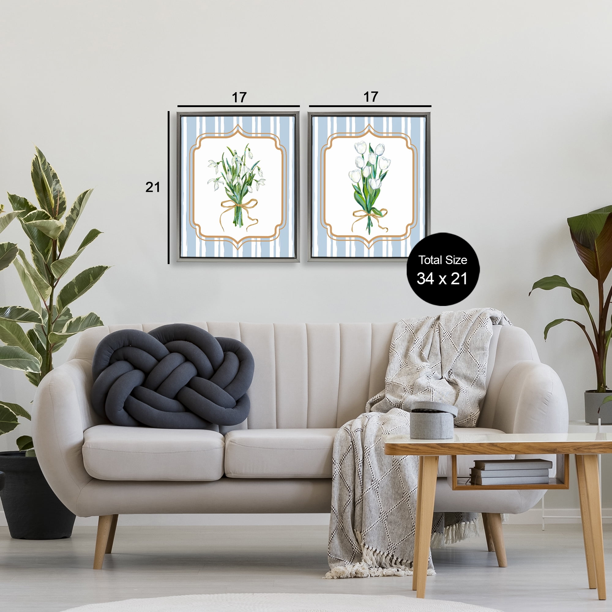 White Flowers Classic Stripes 2 Piece Gray Framed Floater Canvas Set, design by Adonna Ebrahimi