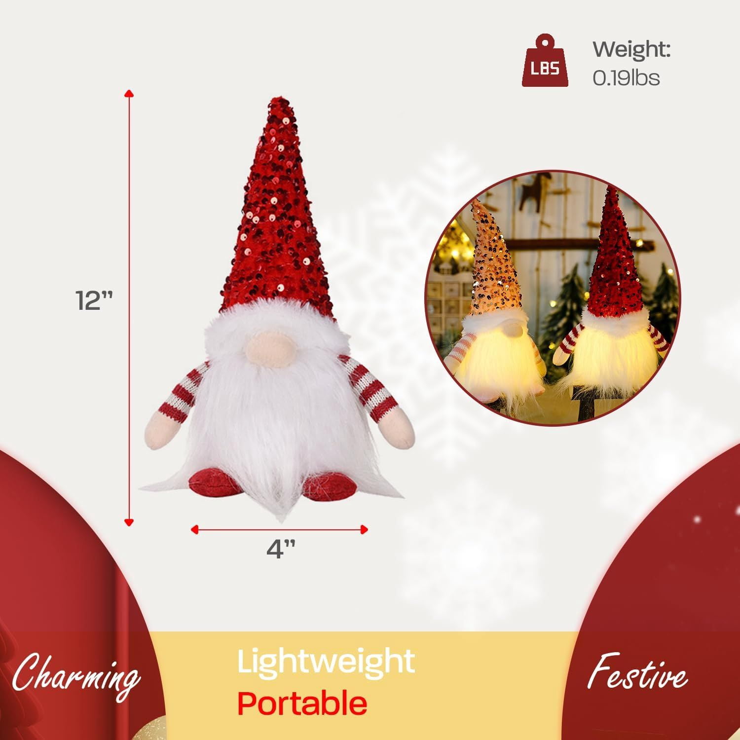 Christmas Set of 3 Light Up Christmas Gnomes, Silver, Pink & Red Christmas Gnomes - Plush Lighted Tomte Ornaments Figurines Dolls, Christmas Decorations