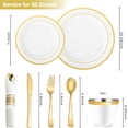 thumbnail image 2 of 50 Guest Gold Dinnerware Set-100 White Square Plastic Plates with Gold Rim, 50 Gold Plastic forks, 50 Spoons, 50 Knives, 50 Cups, 50 Napkins-Disposable Dinnerware Set for Wedding, 2 of 8