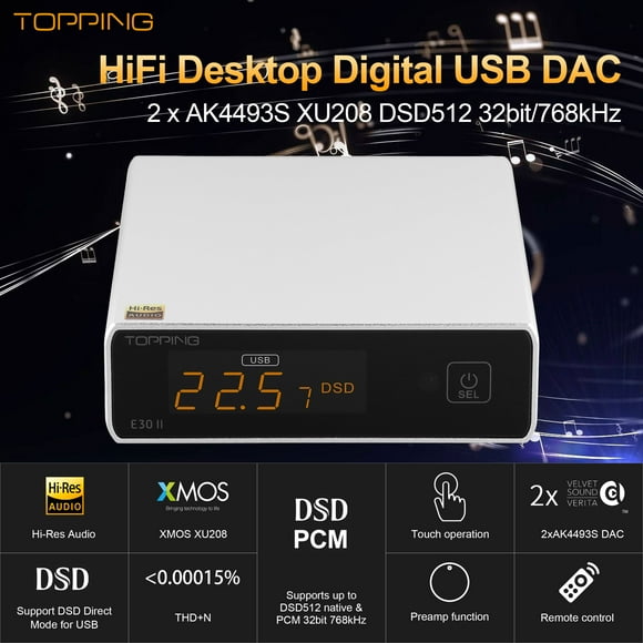 Topping E30 II DAC Preamp Audio Decoder- 2xAK4493S Hi-Res XMOS XU208 DAC 32Bit/768kHz DSD512 DSD Direct Mode for USB/Coax/Opt Inputs RCA HiFi Stereo Digital Audio Decoder
