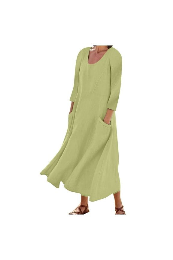 Miss Dress Fall Clothes Women Fashion Long Sleeve Solid Round Neck Cotton Linen Pocket Dress