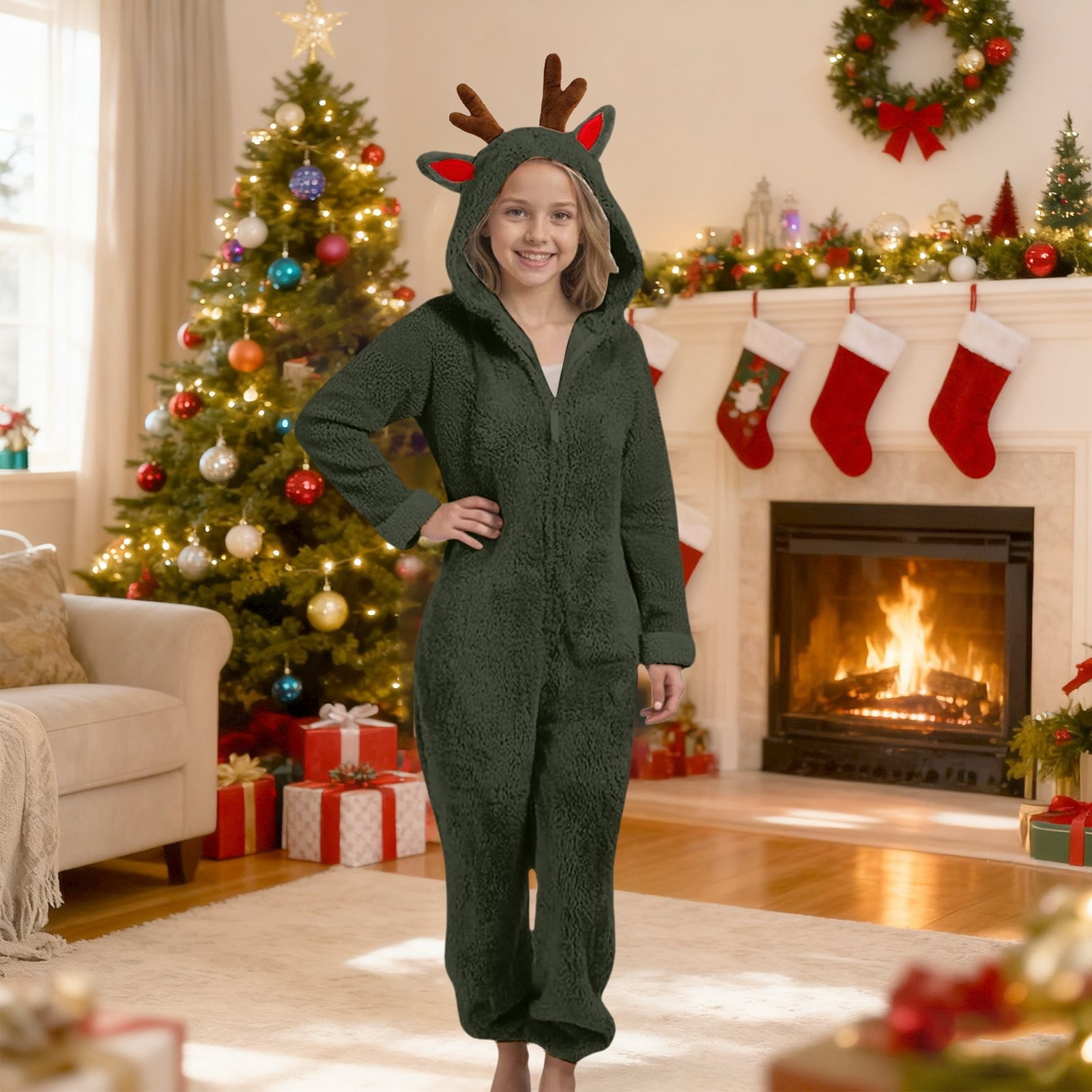Ruyang Christmas Deer Ears Fleece Jumpsuit for Girls Winter Warm Fuzzy Hooded Onesie Zip Thermal Furry Bodysuit