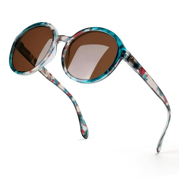 Polarized Round Sunglasses for Women – Multicolor Floral Marble Teal Frame, UV400 Protection, Retro Vintage Designer Style