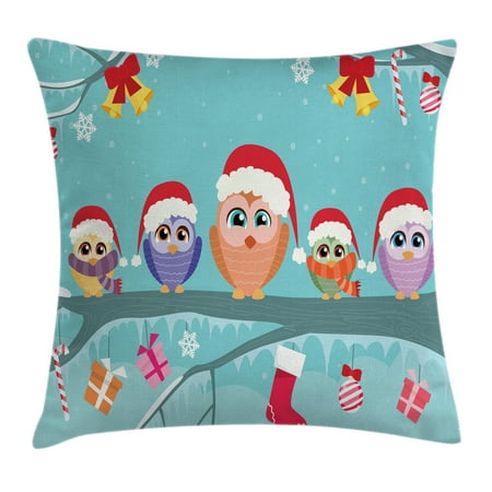 Owl Decorations For Home Christmas Decorations Throw Pillow Cushion Cover, Cute Owl Family Sitting on Branch Like Little Elves of Noel Animal Design, Decorative Square Accent Pillow Case, 20 X 20 Inches, Multi, by Ambesonne ()