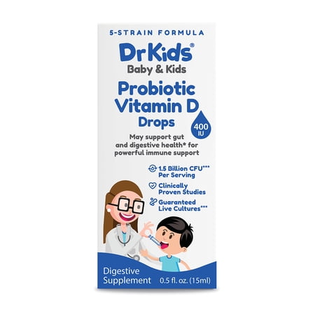 DrKids Probiotic Vitamin D Drops, Clinically Proven Strains, May Support Infant & Child Gut and Digestive Health*, Powerful Immune Support and Guaranteed Live Cultures, 0.5 fl. Oz. (15 ml)