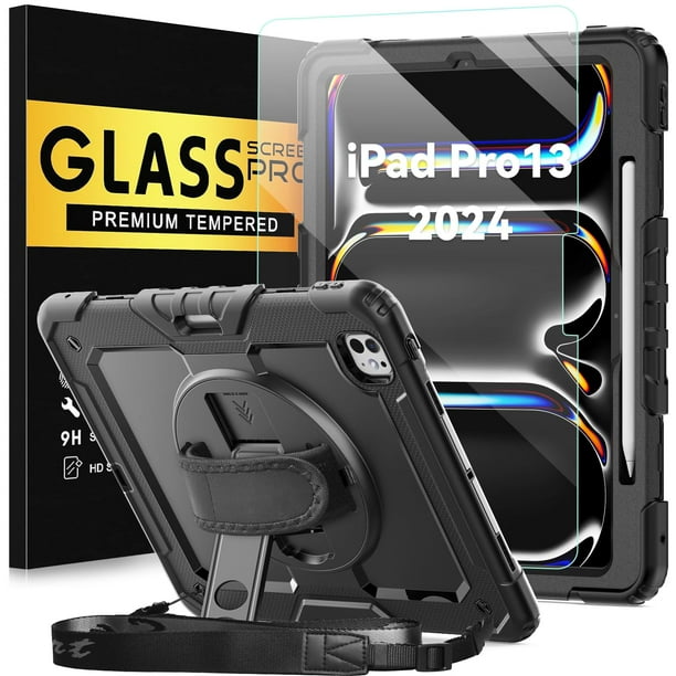 Funda para iPad Pro 2024 M4 de 13 pulgadas con cristal templado negro