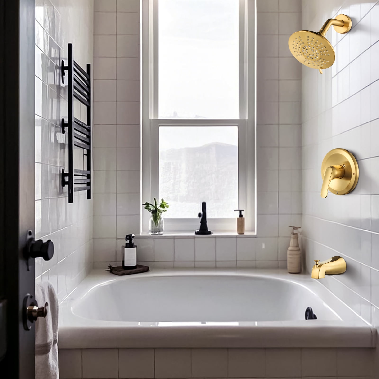 Wowow Shower Faucet with Valve, Bathroom Tub Shower Faucet Kit, Single Handle Rain Shower Head with Tub Spout, Gold