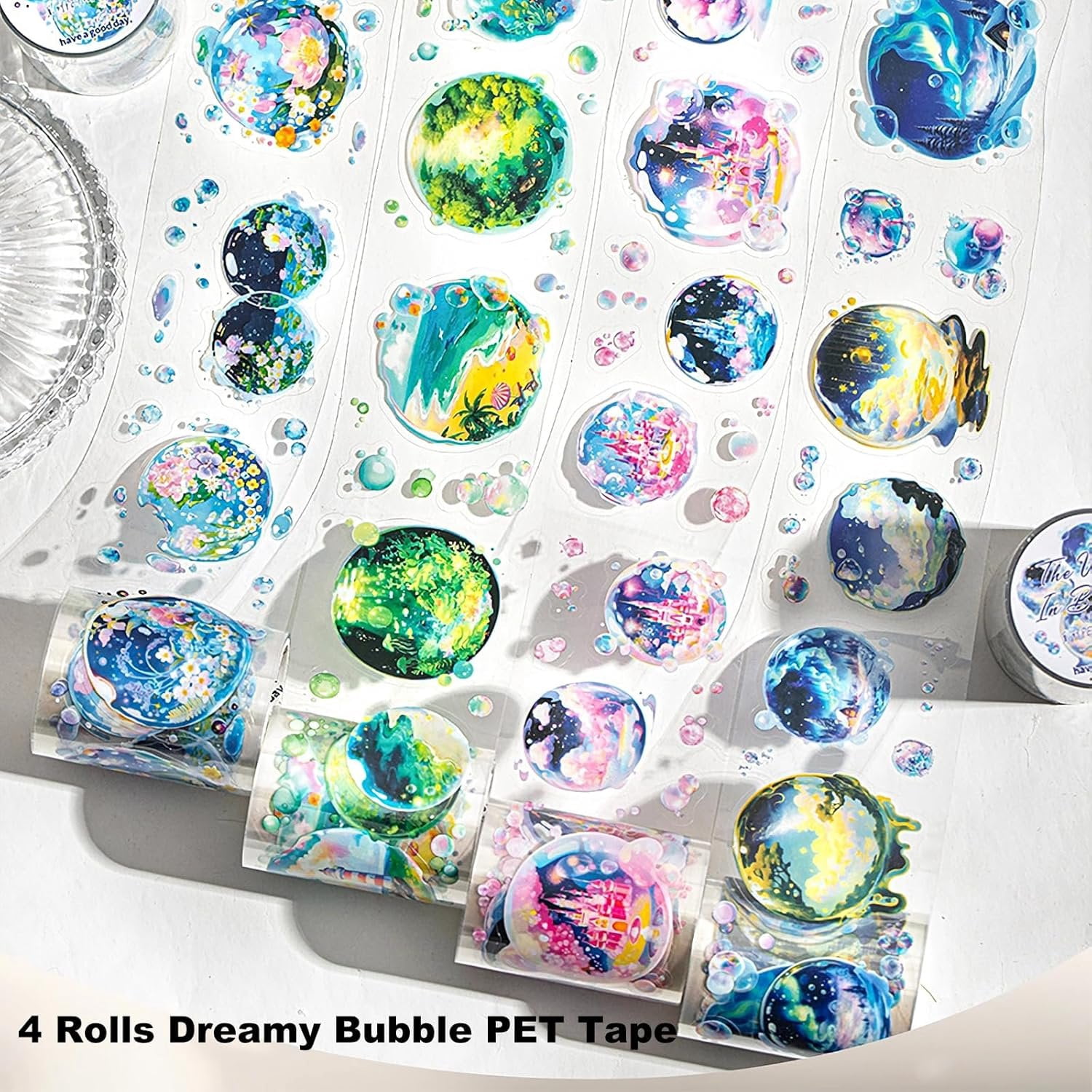 4 Rolls Bubble World PET Sticker Tape Set, Pre-Cut Bubble Scene Designs - Each Roll 1.97in x 78.74in for Scrapbook Journal Planner, DIY Crafts, Cards,  Wrap