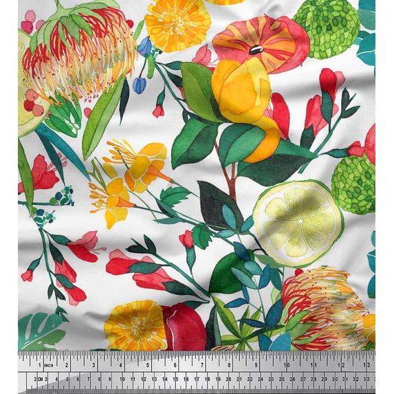 Soimoi White Cotton Cambric Fabric Lemon Slice,Leaves & Floral Print Fabric by The Yard 42 Inch Wide