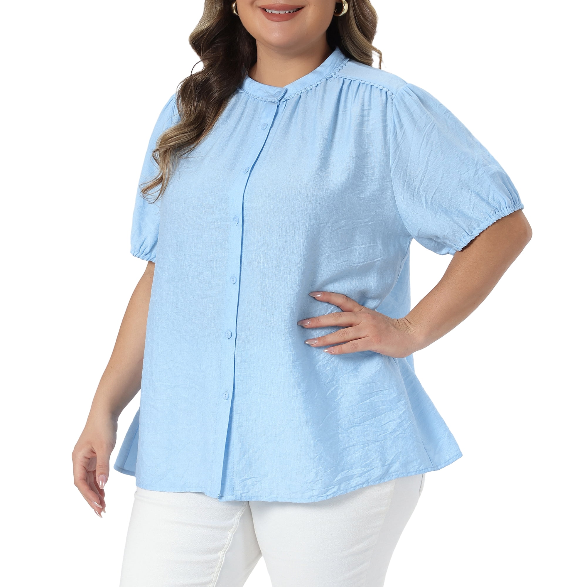 DARING DIVA Women's Plus Summer Button Down Puff Sleeve Blouses 3X Light Blue